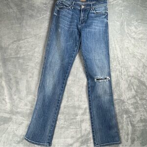 MOTHER Blue Straight Leg Jeans with Distressed Detail